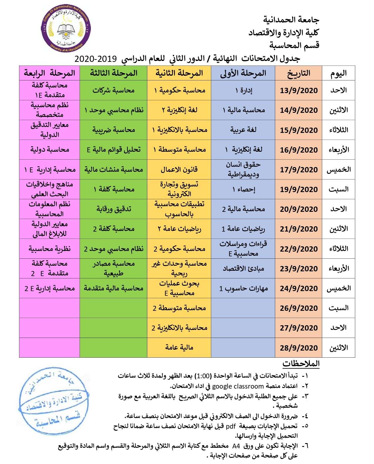 كلية الإدارة والاقتصاد تعلن جداول الامتحانات النهائية (الدور الثاني) للعام الدراسي 2019_2020