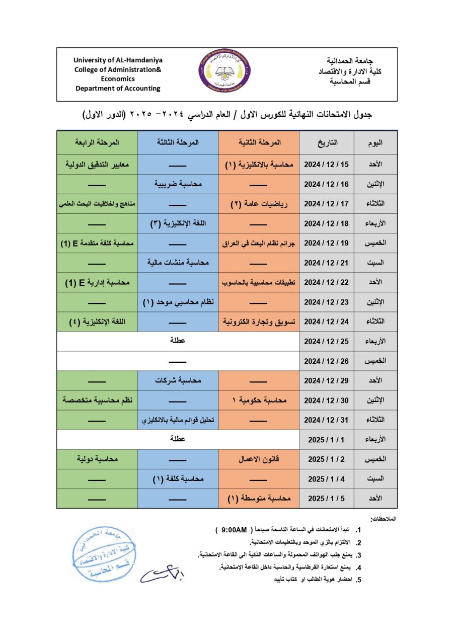 كلية الادارة والاقتصاد تعلن جداول امتحانات نهاية الكورس الاول للعام الدراسي 2024_2025 (الدور الاول)